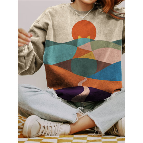 Cat Mountains Landscape Sunrise Japanese Art Vintage Sweatshirt