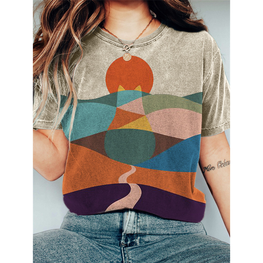 Cat Mountains Landscape Sunrise Japanese Art Vintage T Shirt