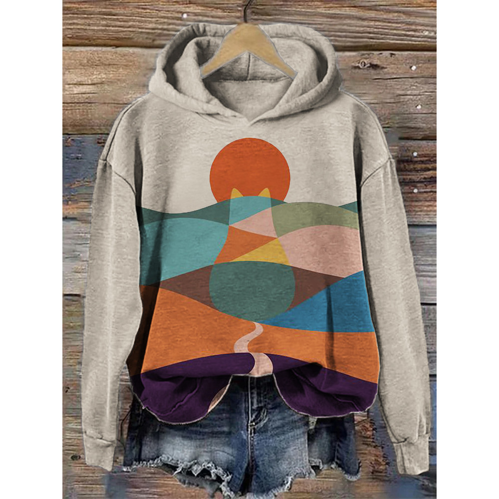 Cat Mountains Landscape Sunrise Japanese Art Washed Hoodie