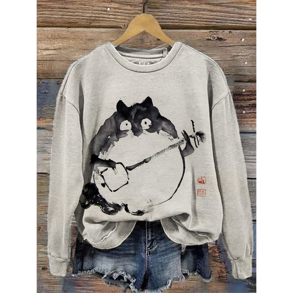 Cat Musician Asian Brush Art Vintage Sweatshirt