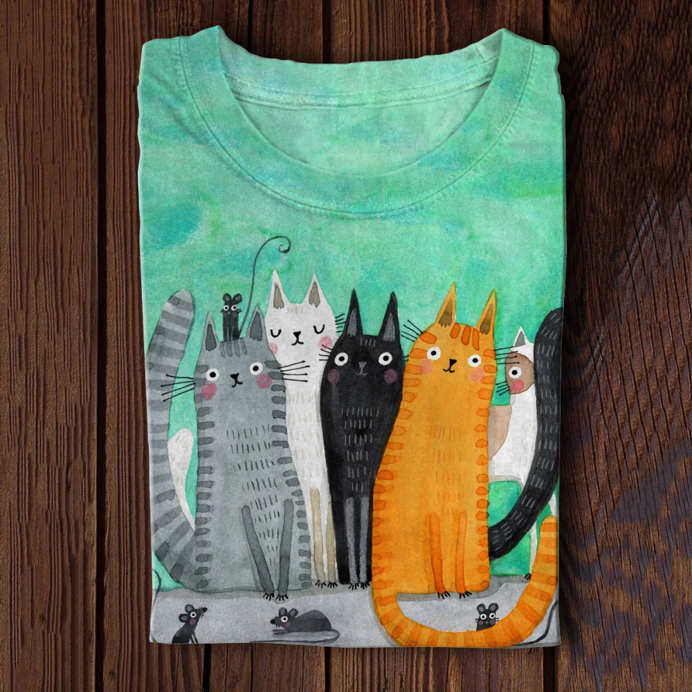 Cat Party Watercolor Illustration Print Long Sleeve T-Shirt