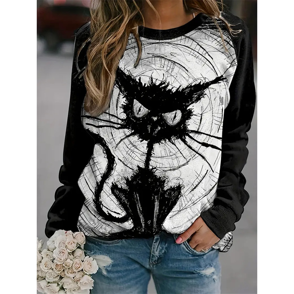 Cat Pattern Color Block Sweatshirt