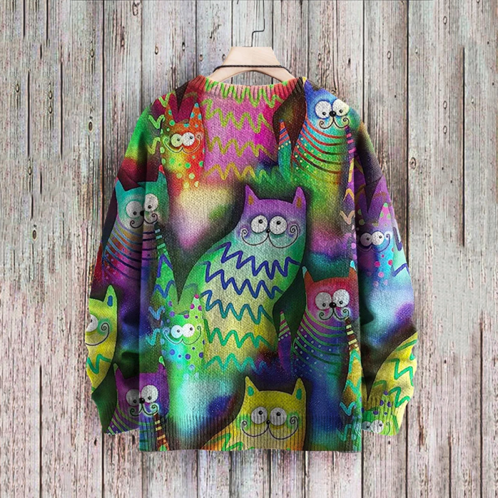 Cat Pattern Knitted Pullover Round Neck Sweater