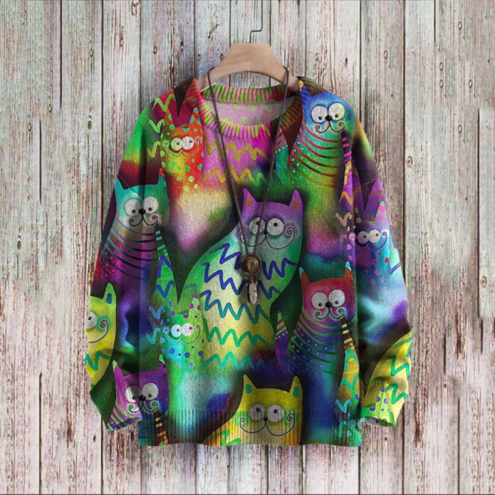 Cat Pattern Knitted Pullover Round Neck Sweater