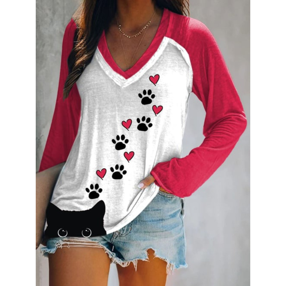 Cat Paw Heart Colorblock V Neck Long Sleeve T Shirt