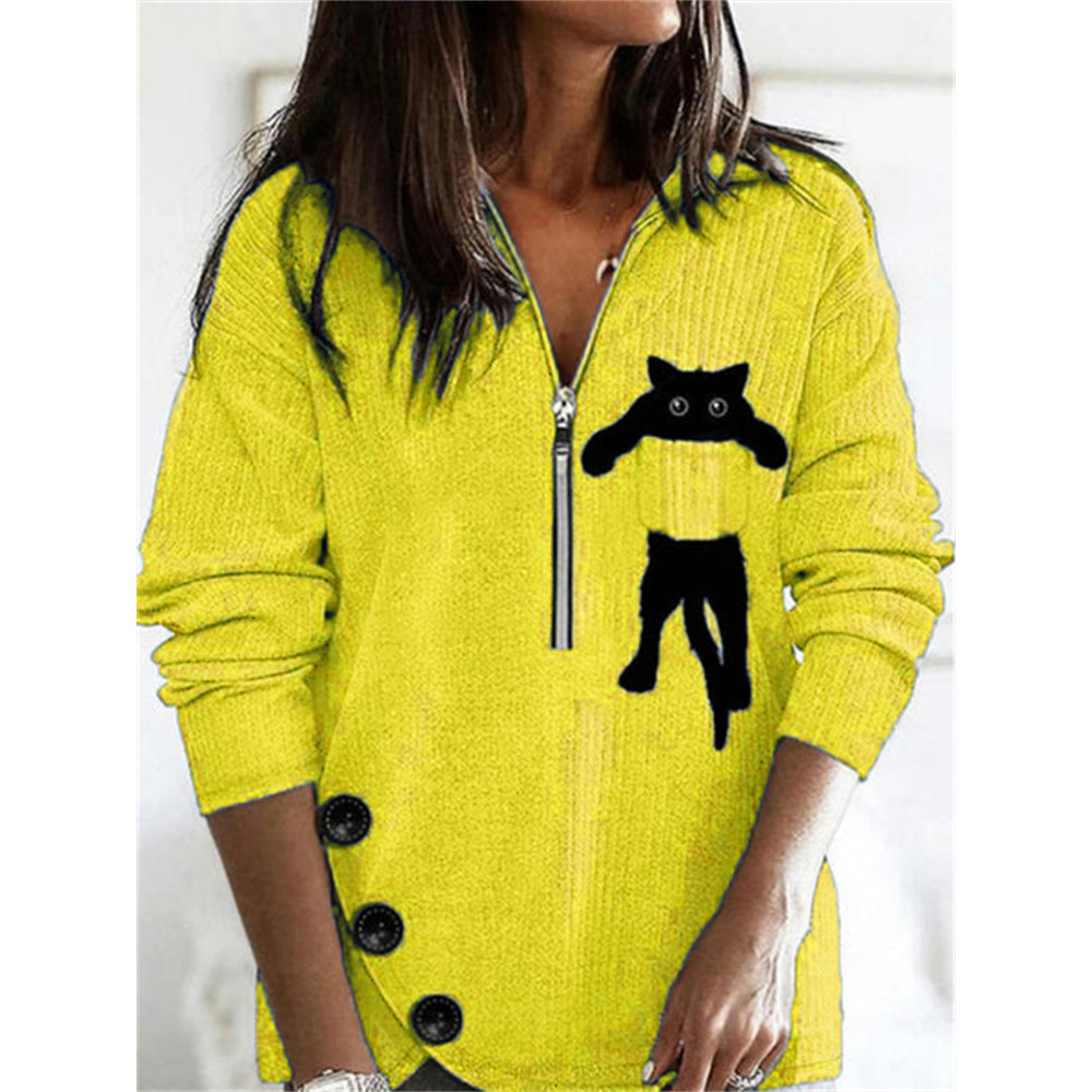 Cat Pocket Zip Up Button Slit Knit Pullover