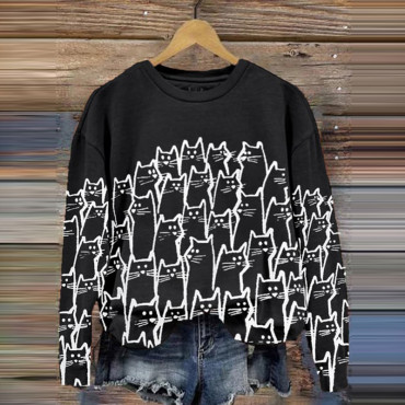 Cat Print Casual Crew Neck Sweatshirt