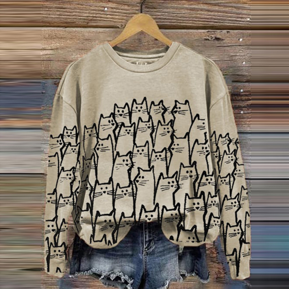 Cat Print Casual Crew Neck Sweatshirt