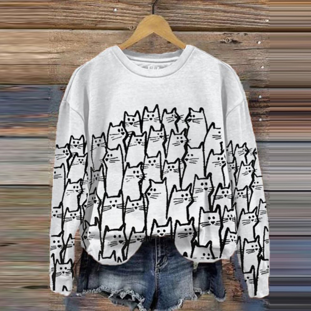 Cat Print Casual Crew Neck Sweatshirt