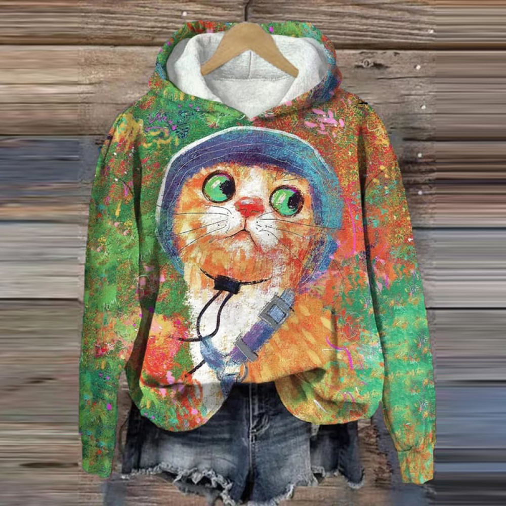 Cat Print Casual Long Sleeve Hoodie