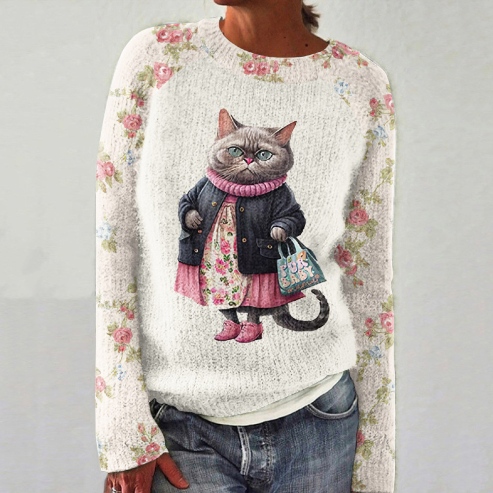 Cat Print Casual Long Sleeve Sweater