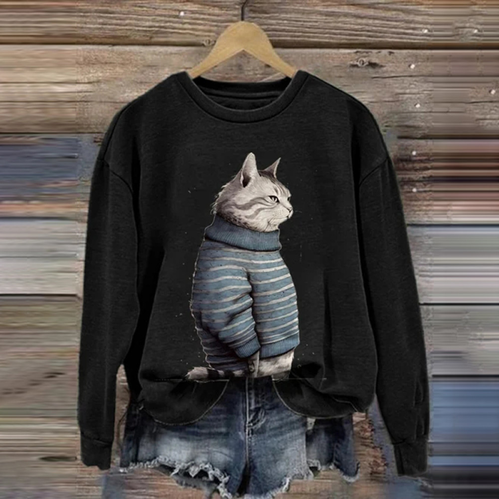 Cat Print Casual Long Sleeve Sweatshirt