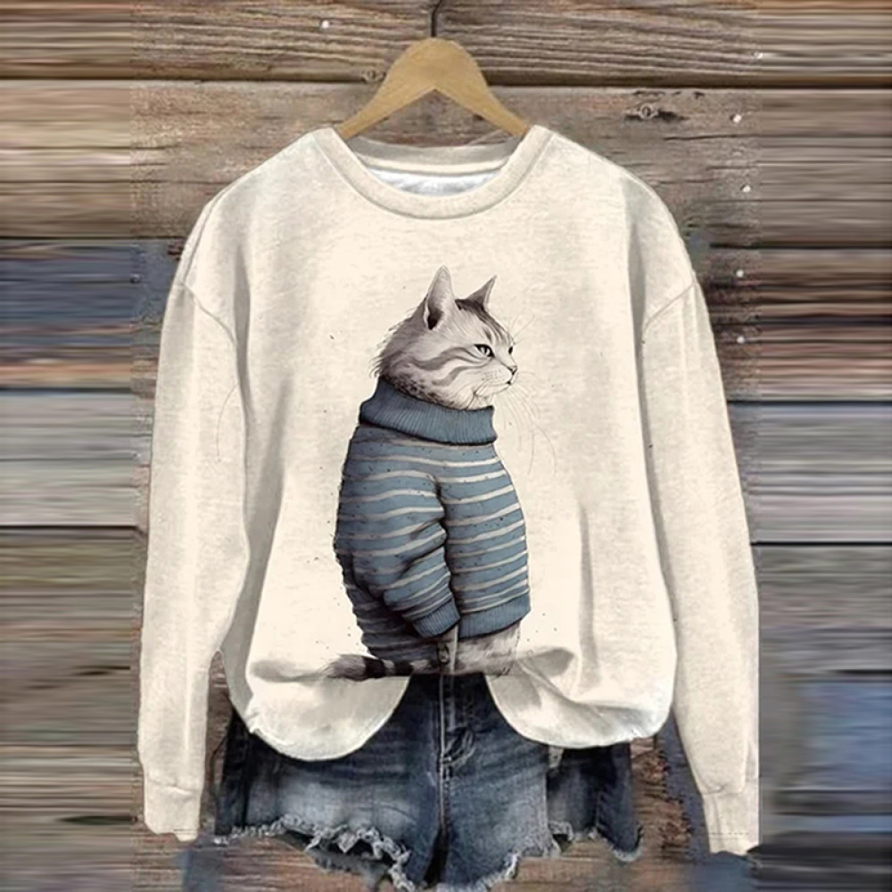 Cat Print Casual Long Sleeve Sweatshirt