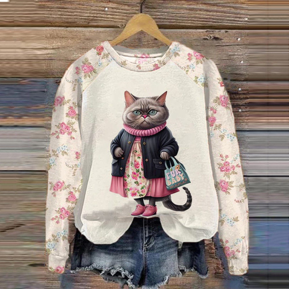 Cat Print Casual Long Sleeve Sweatshirt