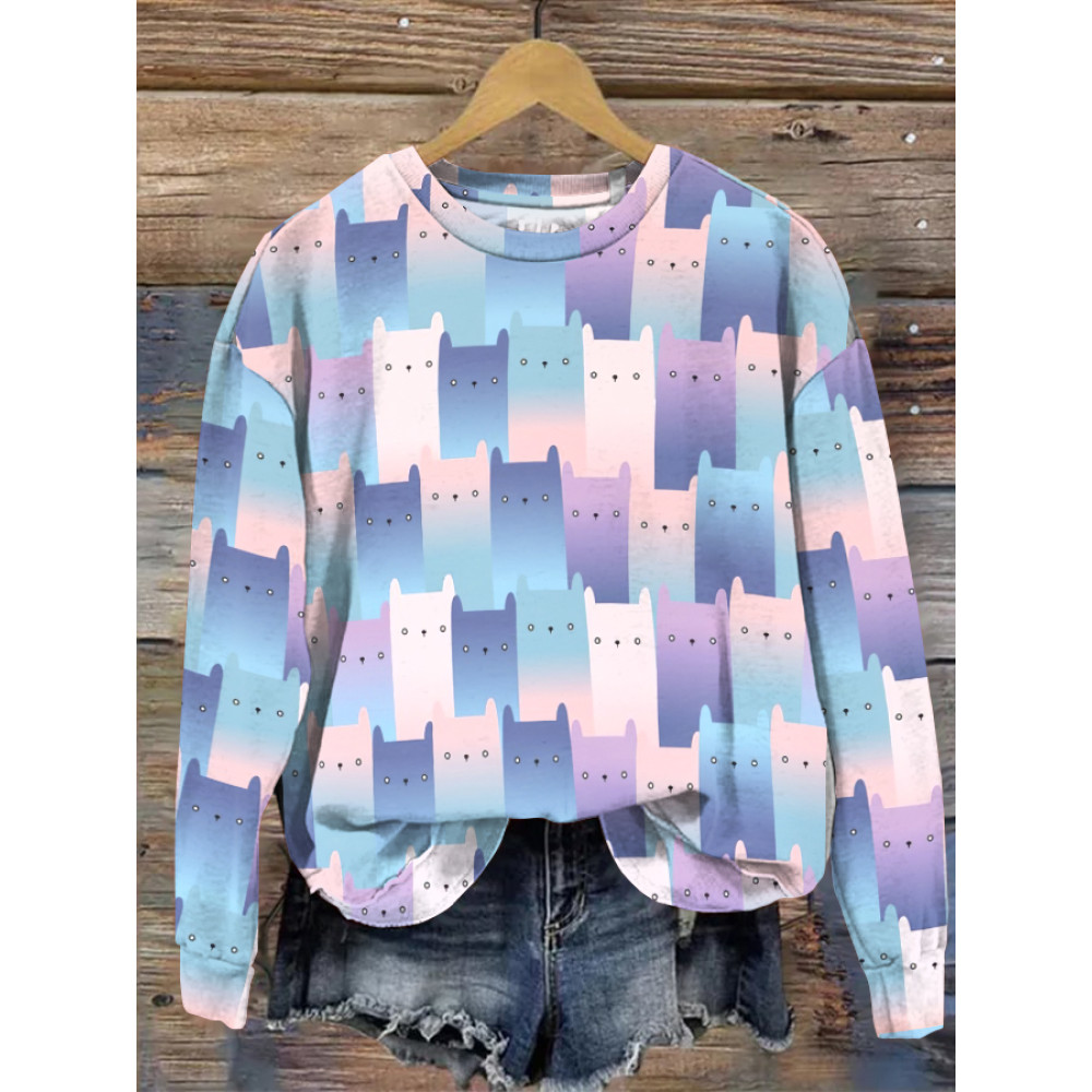 Cat Print Color Block Long Sleeve Sweatshirt