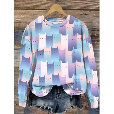 Cat Print Color Block Long Sleeve Sweatshirt