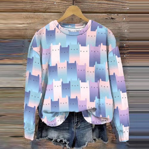 Cat Print Color Block Long Sleeve Sweatshirt