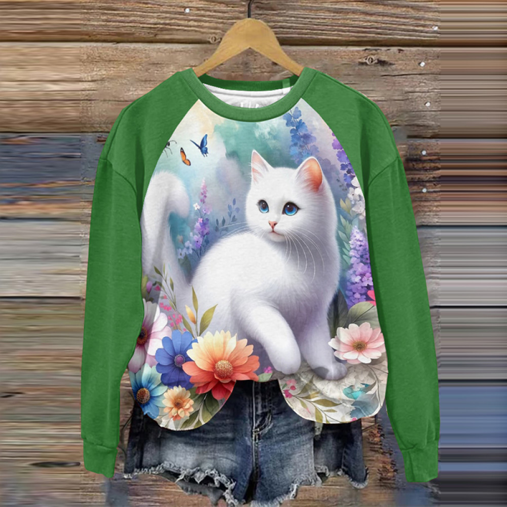Cat Print Color Blocking Round Neck Sweatshirt