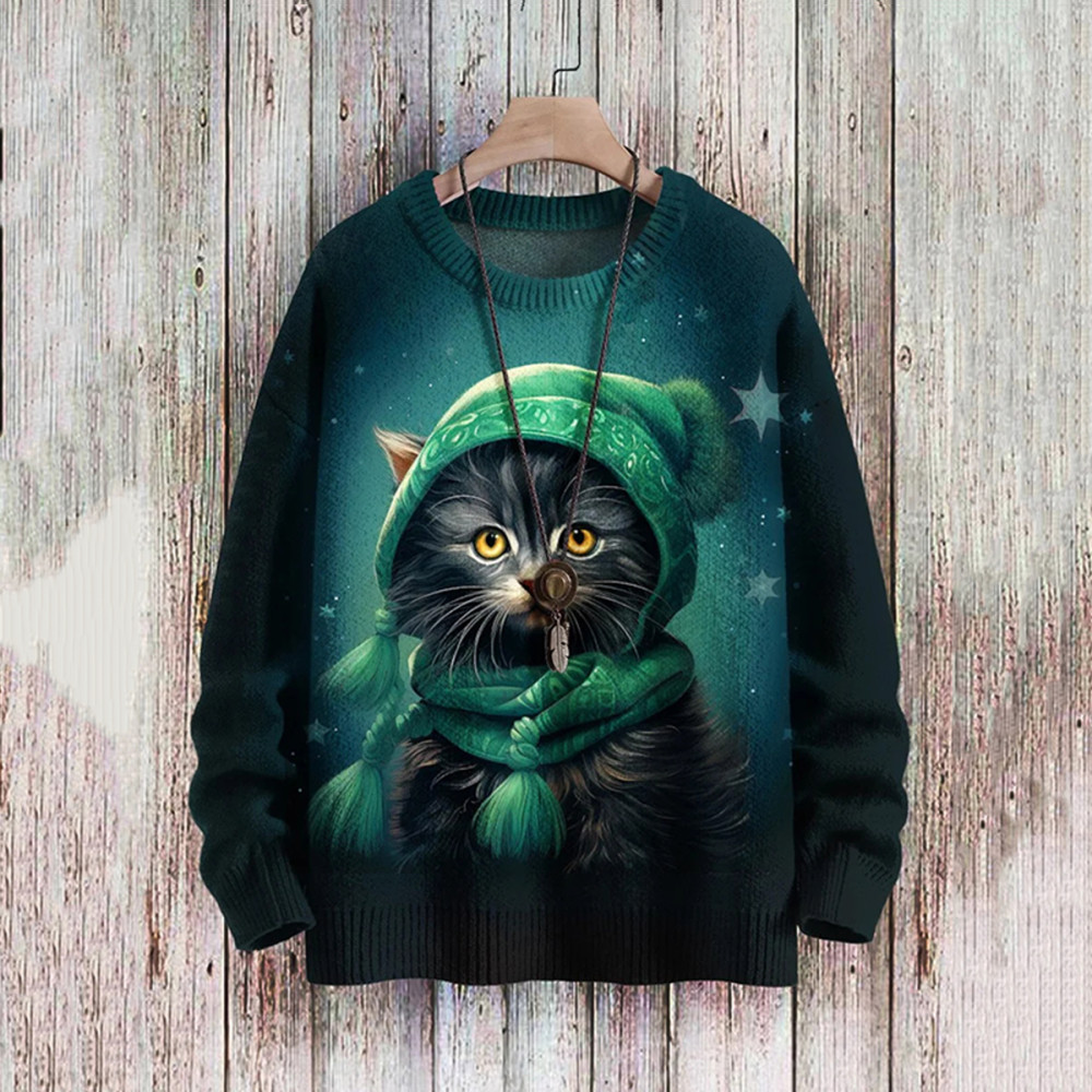 Cat Print Crew Neck Casual Sweater
