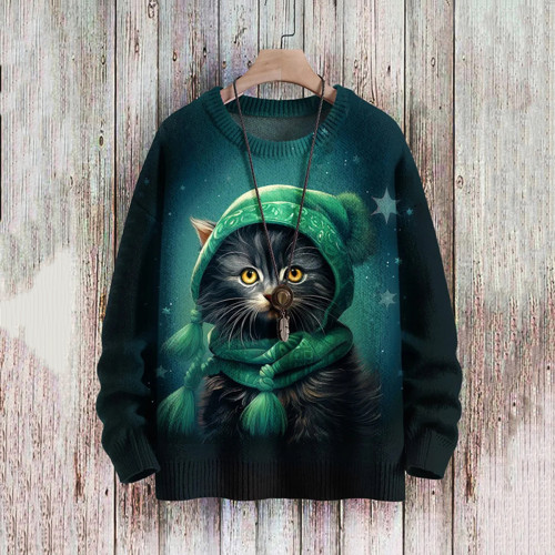 Cat Print Crew Neck Casual Sweater