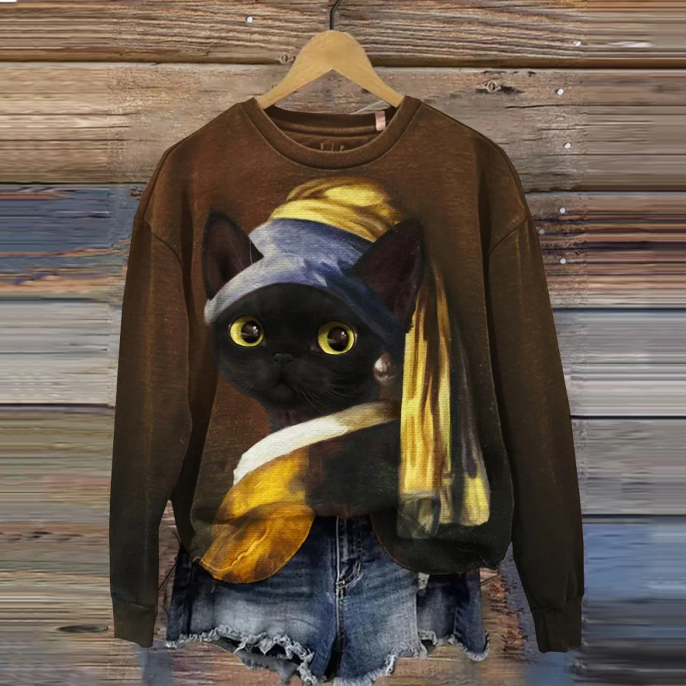 Cat Print Crew Neck Casual Sweatshirt