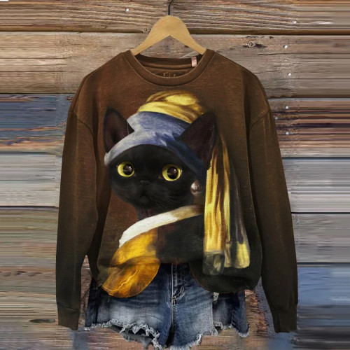 Cat Print Crew Neck Casual Sweatshirt