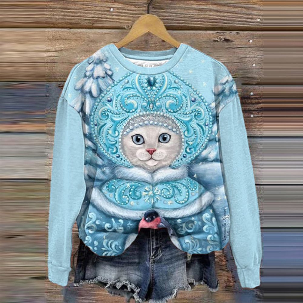 Cat Print Crew Neck Casual Sweatshirt