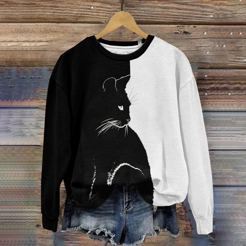 Cat Print Crew Neck Casual Sweatshirt
