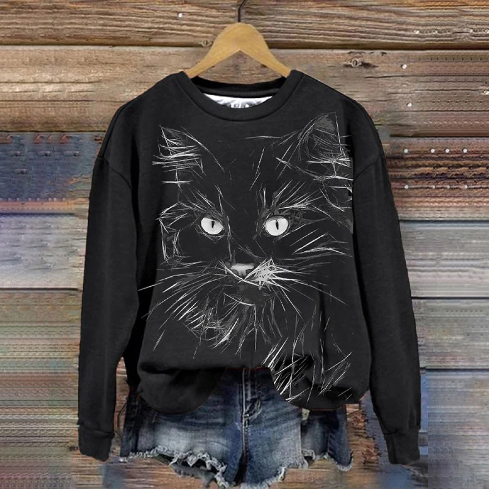 Cat Print Crew Neck Casual Sweatshirt