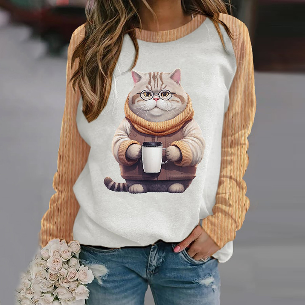 Cat Print Crew Neck Casual Sweatshirt