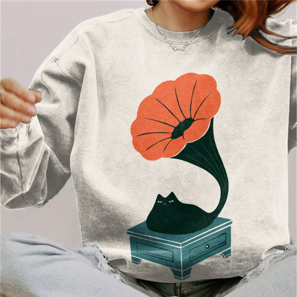 Cat Print Crew Neck Casual Sweatshirt
