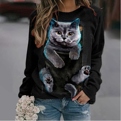 Cat Print Crew Neck Casual Sweatshirt