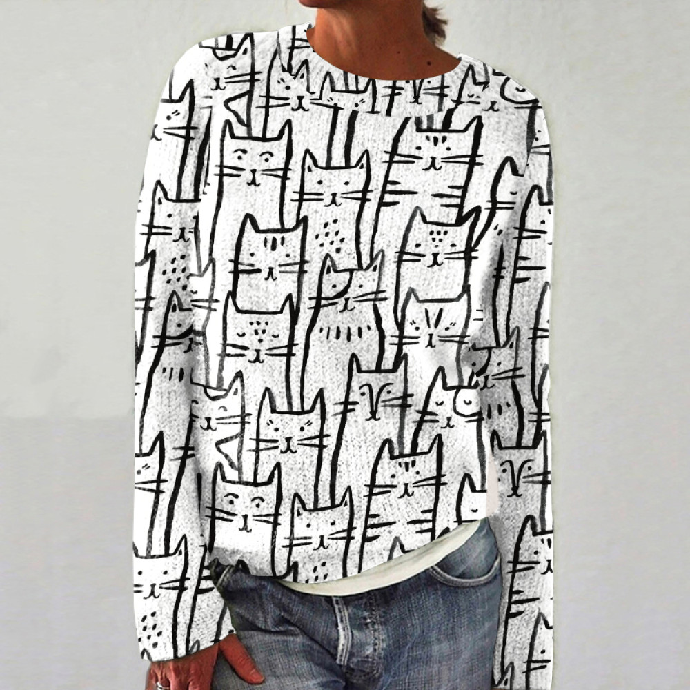 Cat Print Crew Neck Knitted Sweater