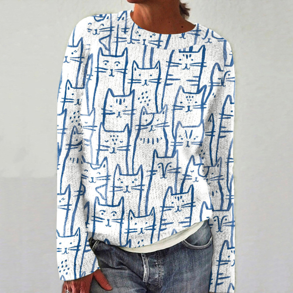 Cat Print Crew Neck Knitted Sweater