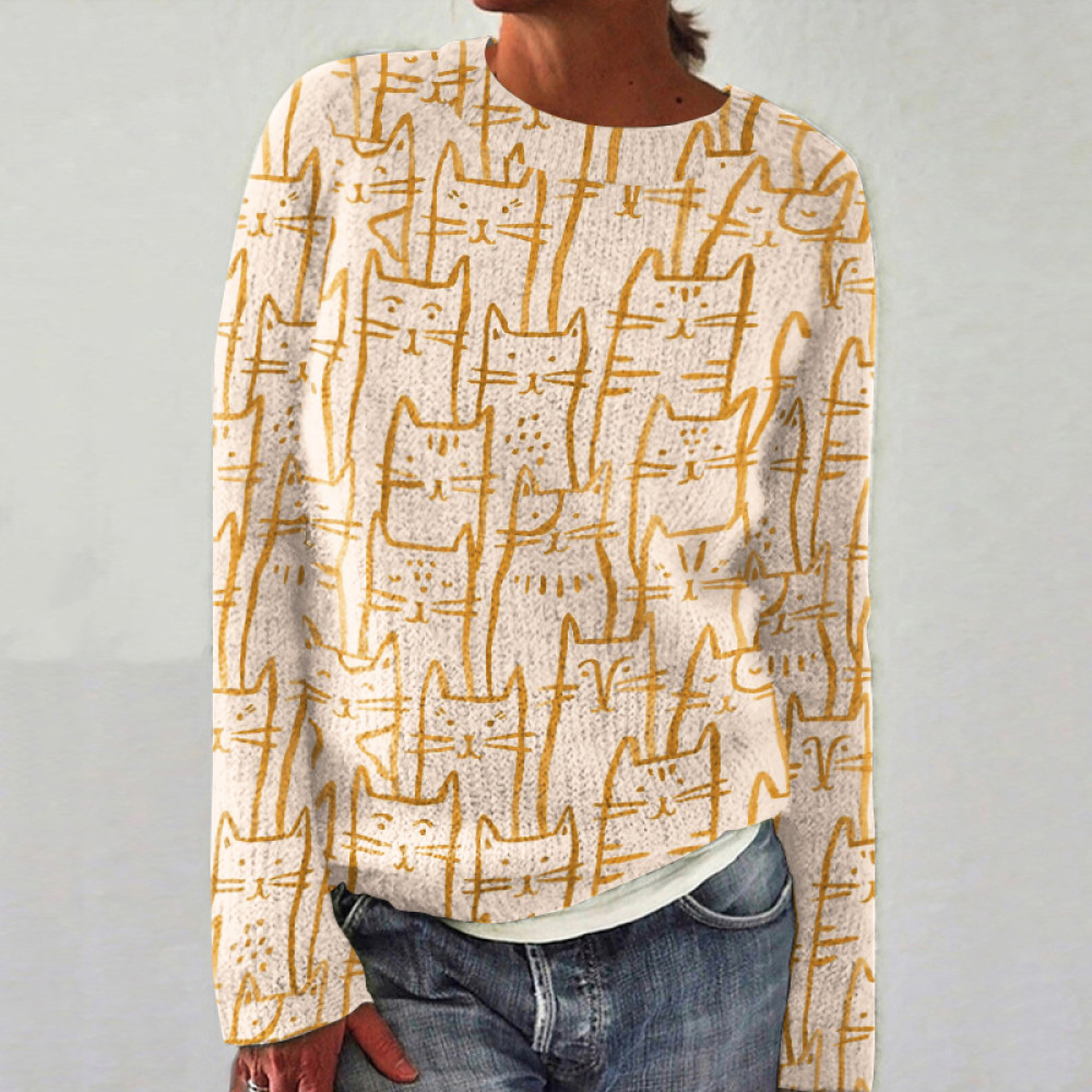 Cat Print Crew Neck Knitted Sweater