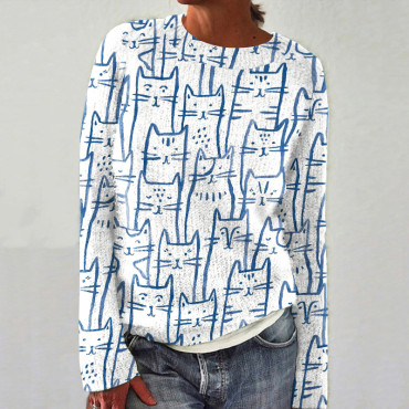 Cat Print Crew Neck Knitted Sweater