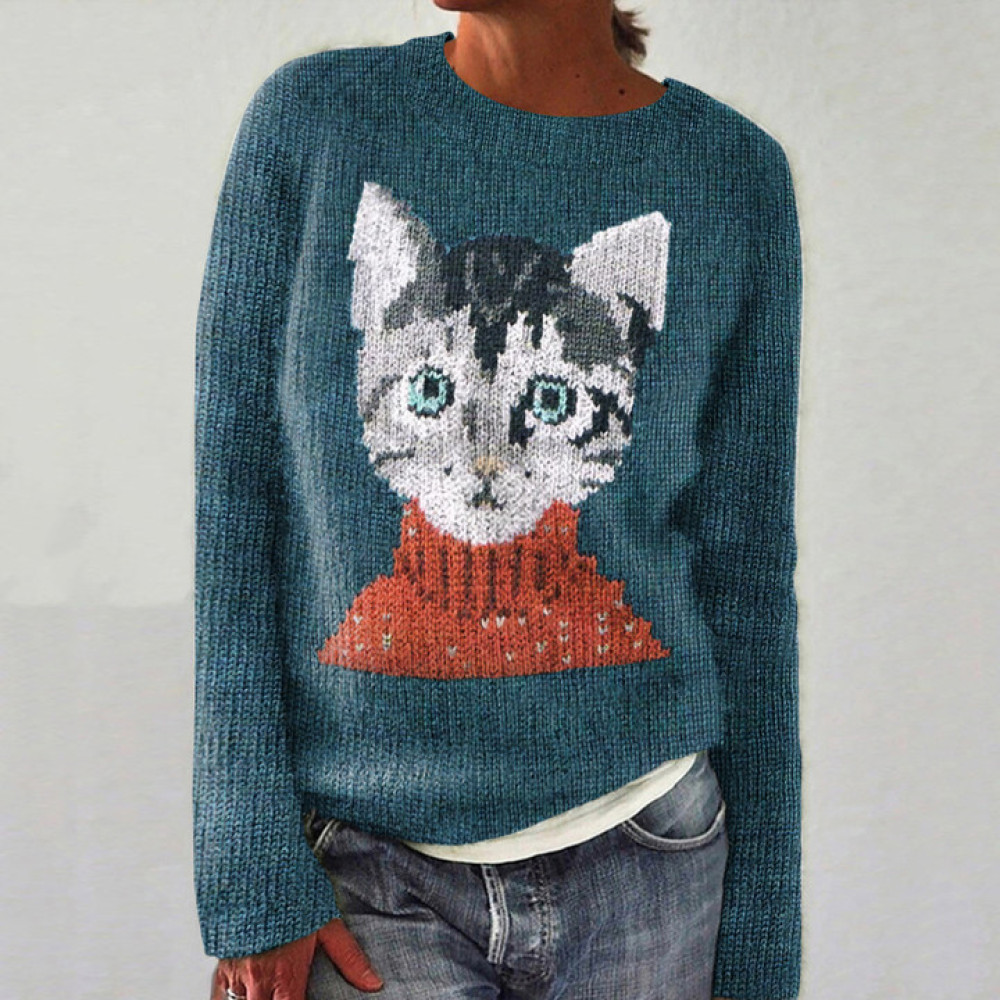 Cat Print Crew Neck Knitted Sweater