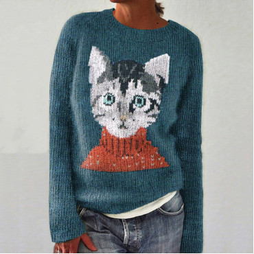 Cat Print Crew Neck Knitted Sweater