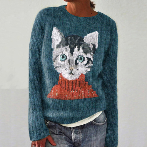 Cat Print Crew Neck Knitted Sweater