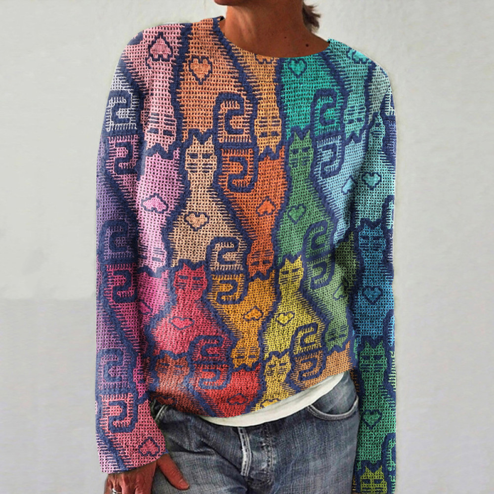 Cat Print Crew Neck Long Sleeve Sweater