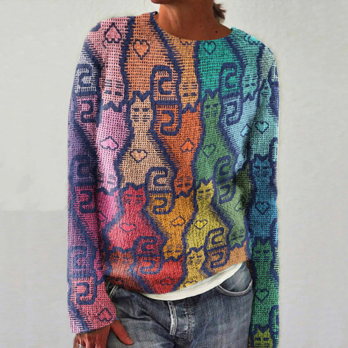 Cat Print Crew Neck Long Sleeve Sweater