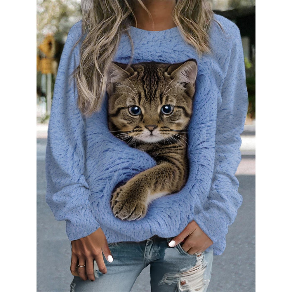Cat Print Crew Neck Sweatshirt