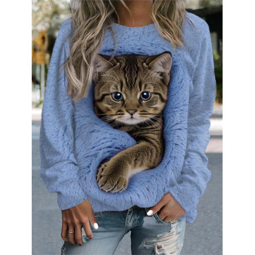 Cat Print Crew Neck Sweatshirt