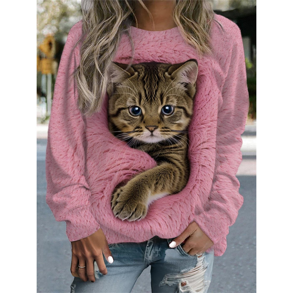 Cat Print Crew Neck Sweatshirt