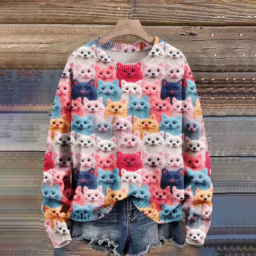 Cat Print Knitted Pullover Sweater