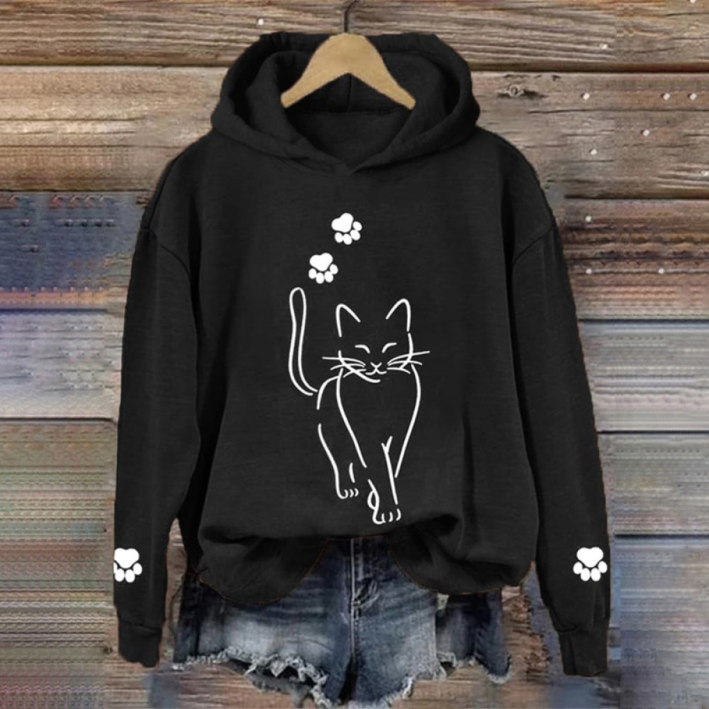 Cat Print Long Sleeve Casual Hoodie