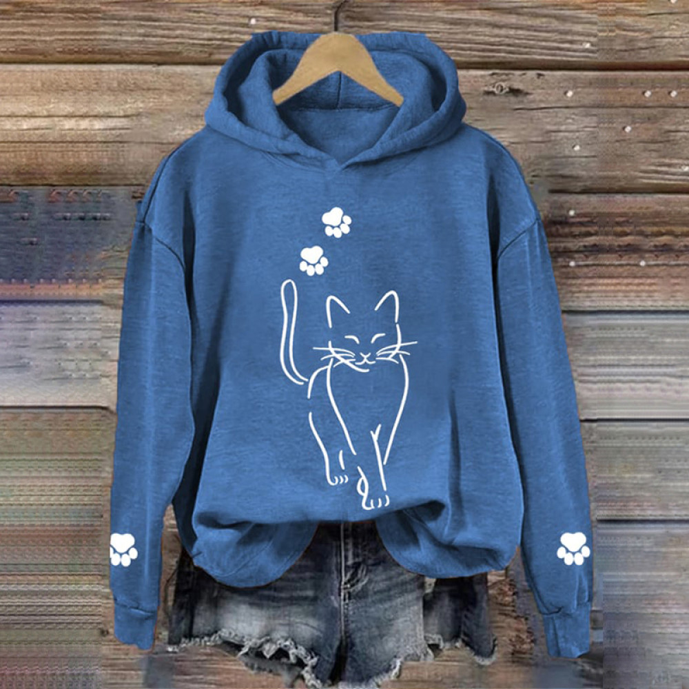 Cat Print Long Sleeve Casual Hoodie