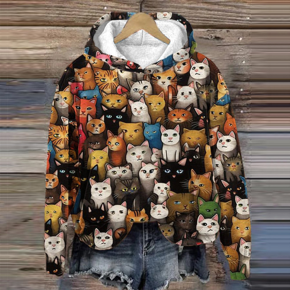 Cat Print Long Sleeve Casual Hoodie