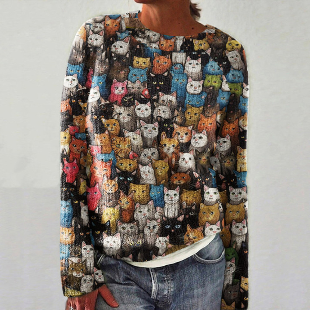 Cat Print Long Sleeve Casual Sweater