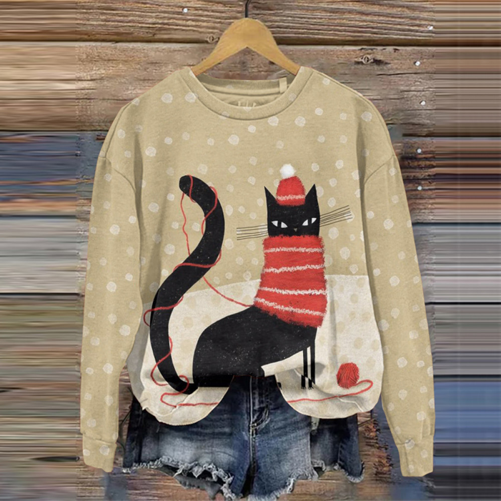Cat Print Long Sleeve Casual Sweatshirt